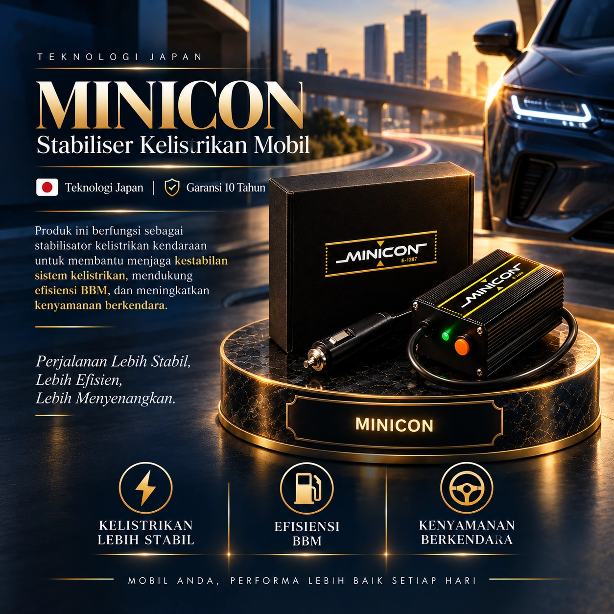 Minicon — car voltage stabilizer beserta kemasannya